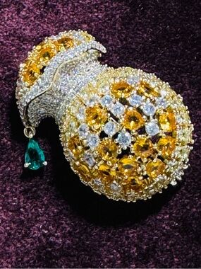 Yellow Crystal Pave Pendant with Green Teardrop Accent